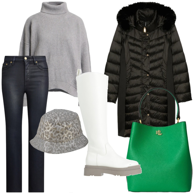 Outfit donna - Passeggiata in città con stivali. Stile Urban per Tutti i giorni. Abbinamento con maglieria, stivali, cappelli, jeans dritti, borse a secchiello, maglieria.