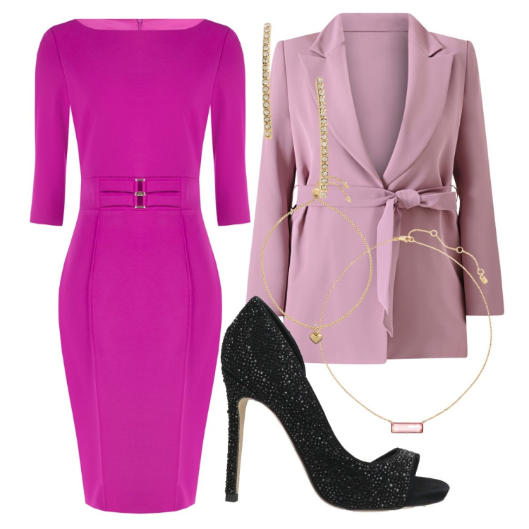 Outfit donna - Glamour bon ton. Stile Glamour per Serata fuori. Abbinamento con décolleté, orecchini, braccialetti, collane, blazer, vestiti a tubino.
