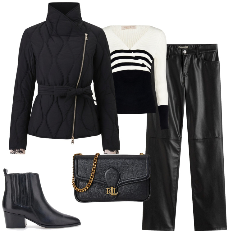 Outfit donna - Gennaio. Stile Casual chic per Tutti i giorni. Abbinamento con pantaloni, clutch, pullovers, piumini, stivaletti chelsea.