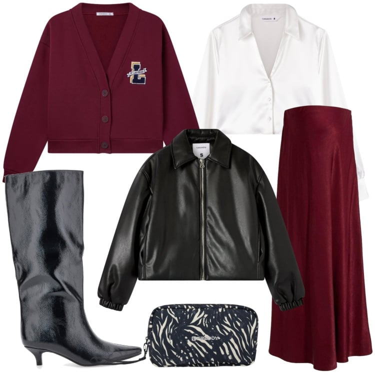 Outfit donna - Passeggiata in città con stivali. Stile Preppy per Scuola/Università. Abbinamento con gonne, camicie, bomber, cardigans, valigie, stivali.