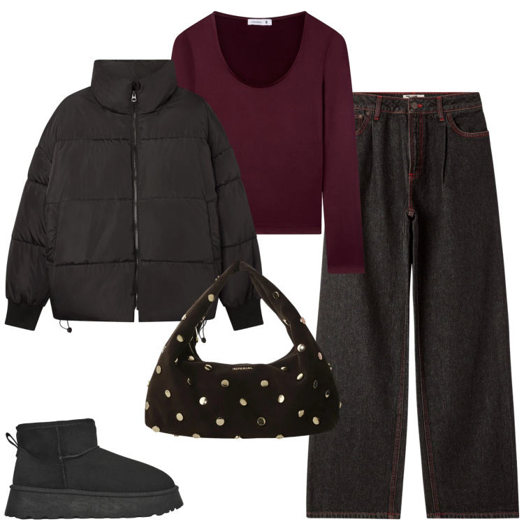 Outfit donna - Total look #2321218. Stile Casual chic per Tutti i giorni. Abbinamento con bomber, jeans dritti, stivaletti, t-shirt, borse a spalla.