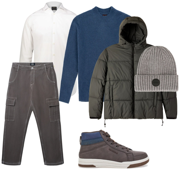Outfit uomo - Città fredda. per Ufficio. Abbinamento con bomber, pantaloni cargo, berretti, sneakers, maglieria, camicie.