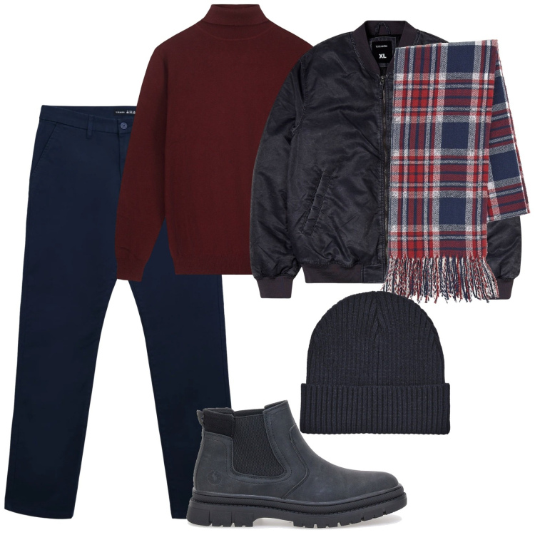 Outfit uomo - Città fredda. per Tutti i giorni. Abbinamento con bomber, pantaloni chino, berretti, sciarpe, maglieria, stivali e stivaletti.