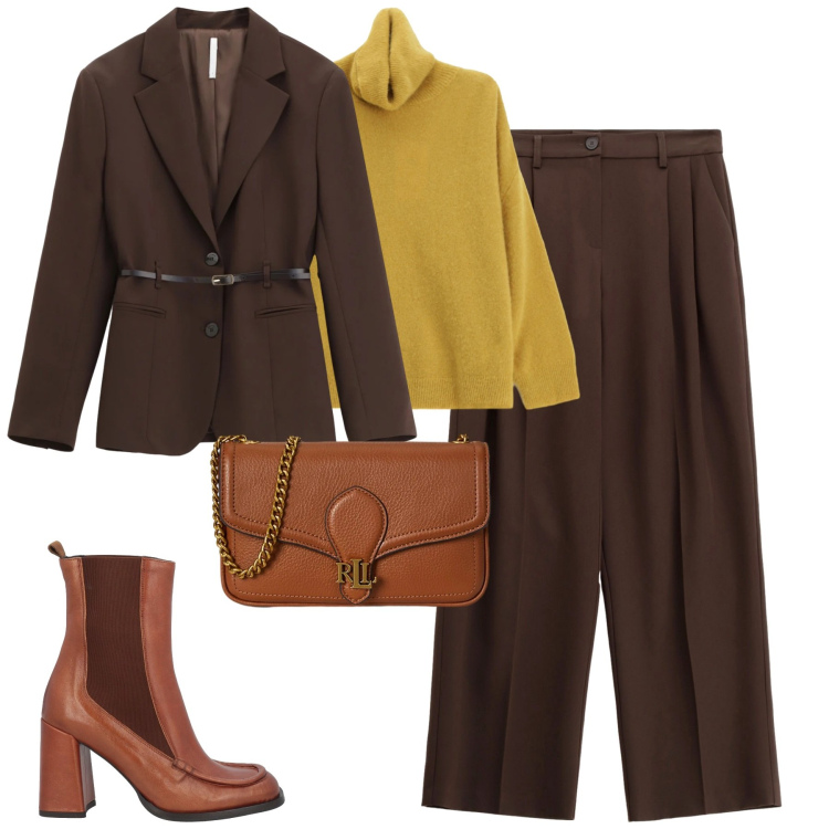 Outfit donna - Gennaio. Stile Urban per Tutti i giorni. Abbinamento con stivaletti chelsea, maglieria, blazer, pantaloni a palazzo, clutch.