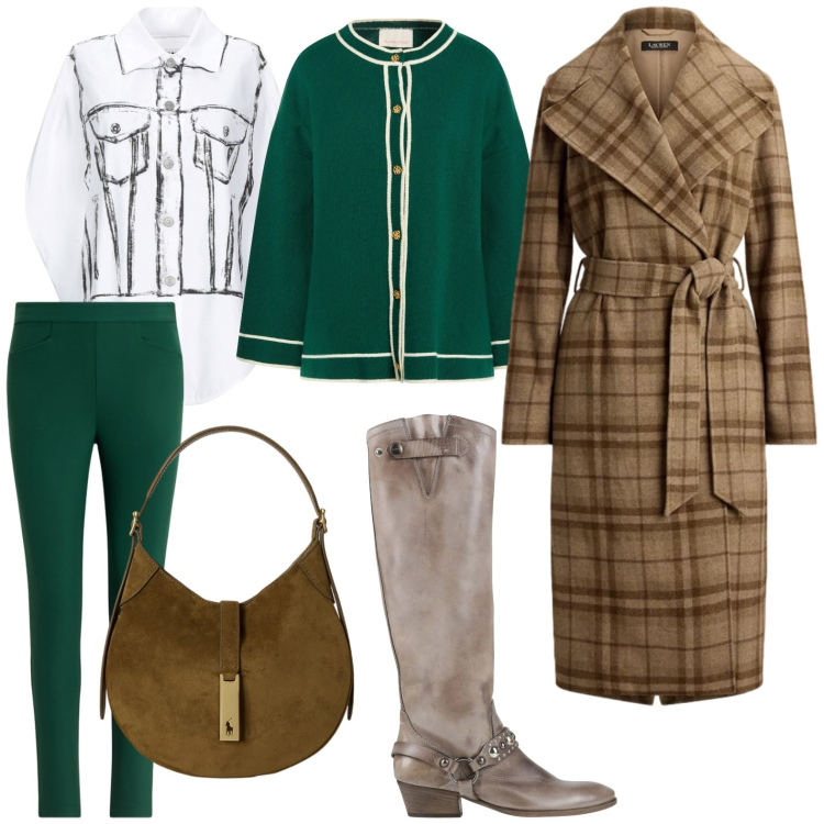 Outfit donna - Passeggiata in città con stivali. Stile Glamour per Tutti i giorni. Abbinamento con camicie a manica corta, stivali, cardigans, pantaloni, borse a spalla, cappotti.