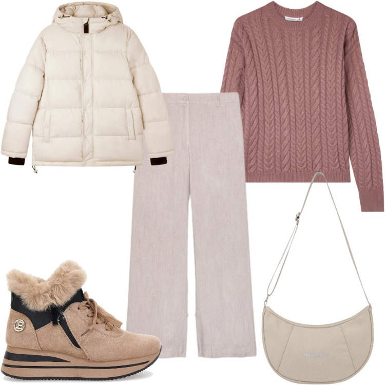 Outfit donna - Minimal Cozy Mood : colori chiari. Stile Minimal per Tutti i giorni. Abbinamento con maglieria, bomber, borse a spalla, pantaloni, stivali da neve.