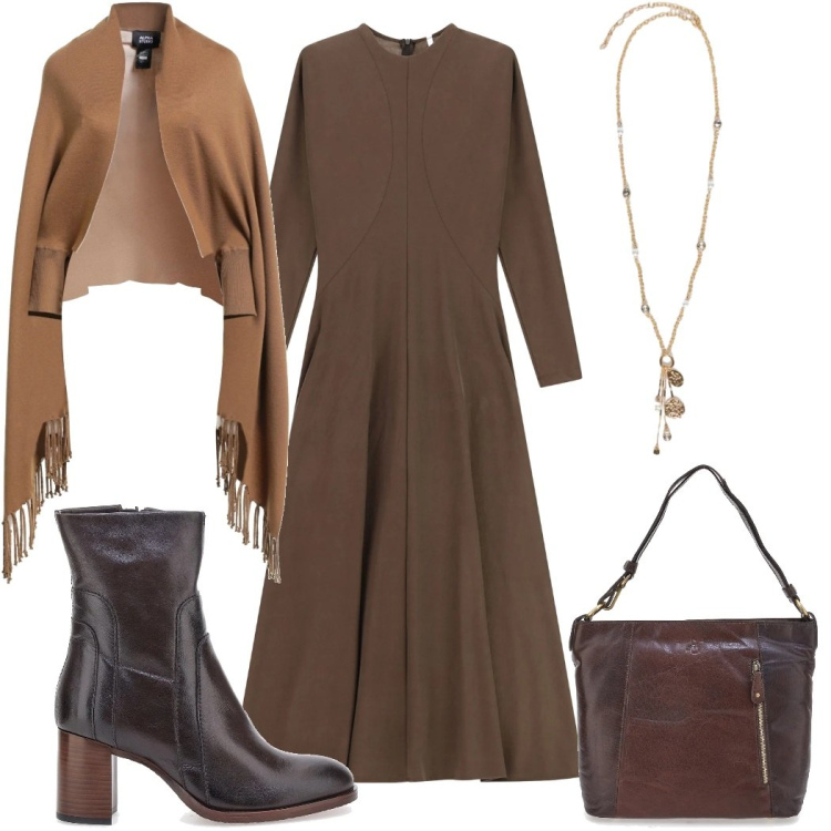 Outfit donna - Minimal Cozy Mood :in marrone. Stile Minimal per Tutti i giorni. Abbinamento con cappe, vestiti lunghi, stivaletti, borse a spalla, ciondoli.