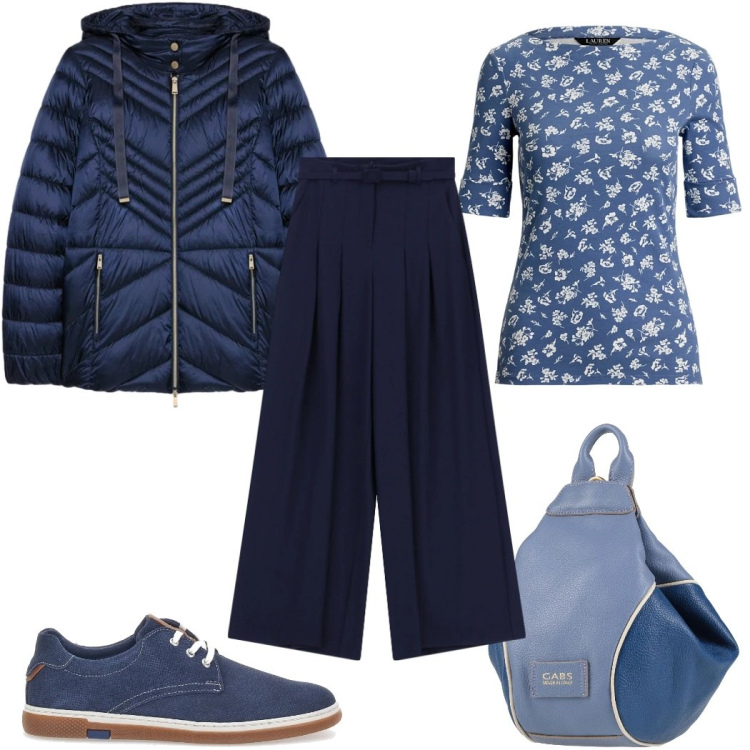 Outfit donna - Il fascino del total look : in blu. Stile Basic per Tutti i giorni. Abbinamento con zaini, pantaloni a palazzo, t-shirt, scarpe stringate, piumini.