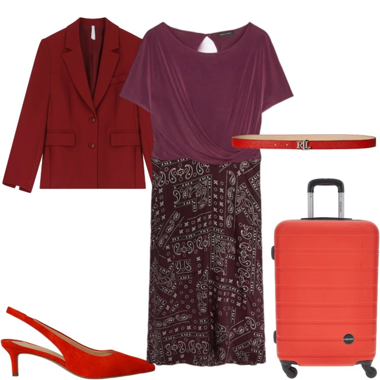 Outfit donna - Il fascino del total look: in rosso. Stile Boho per Tutti i giorni. Abbinamento con blazer, cinture, décolleté, valigie, vestiti midi/longuette.