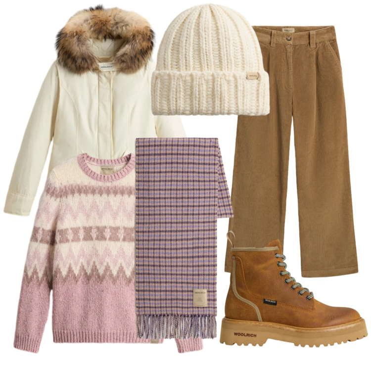 Outfit donna - Weekend in montagna. Stile Casual per Tutti i giorni. Abbinamento con parka, pantaloni, anfibi, maglieria, berretti, sciarpe.