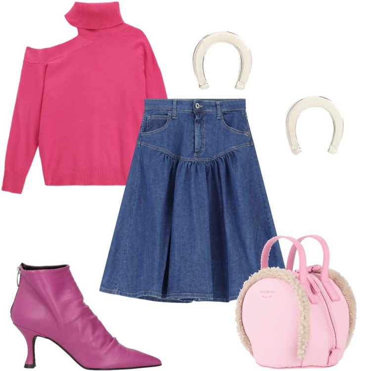 Outfit donna - Gennaio in rosa : davvero trendy. Stile Trendy per Tutti i giorni. Abbinamento con zaini, stivaletti, maglieria, gonne longuette, orecchini.