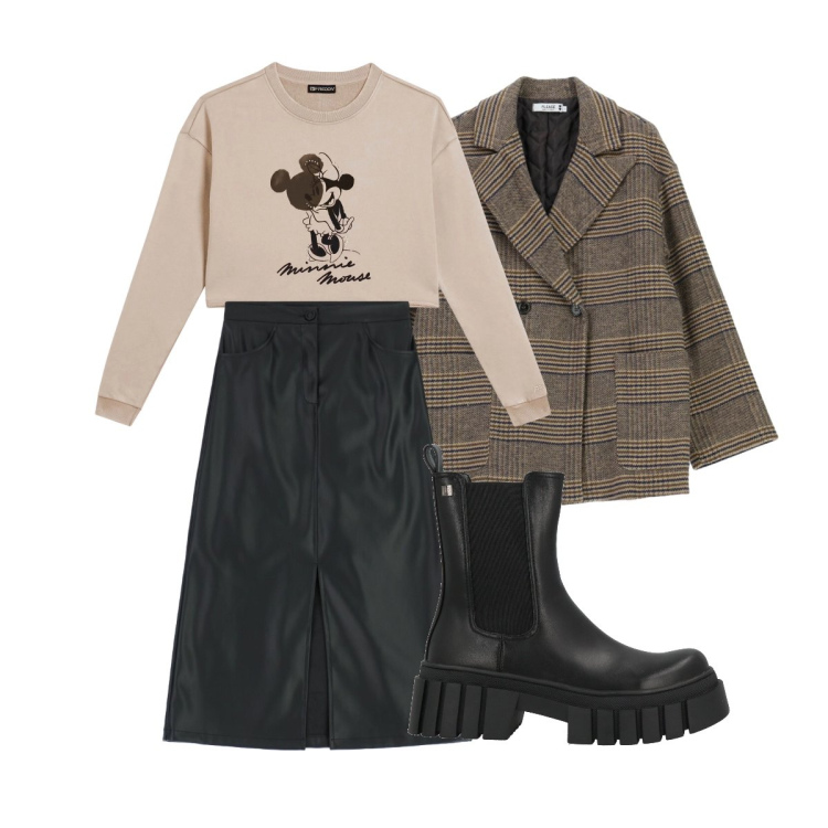 Outfit donna - Felpa + gonna. Stile Glamour per Ufficio. Abbinamento con stivaletti, cappotti, gonne longuette, felpe.