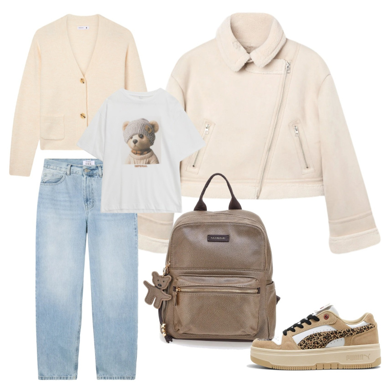 Outfit donna - Tonalità tenui. Stile Casual per Tutti i giorni. Abbinamento con t-shirt, cardigans, giacche, jeans dritti, zaini, sneakers.
