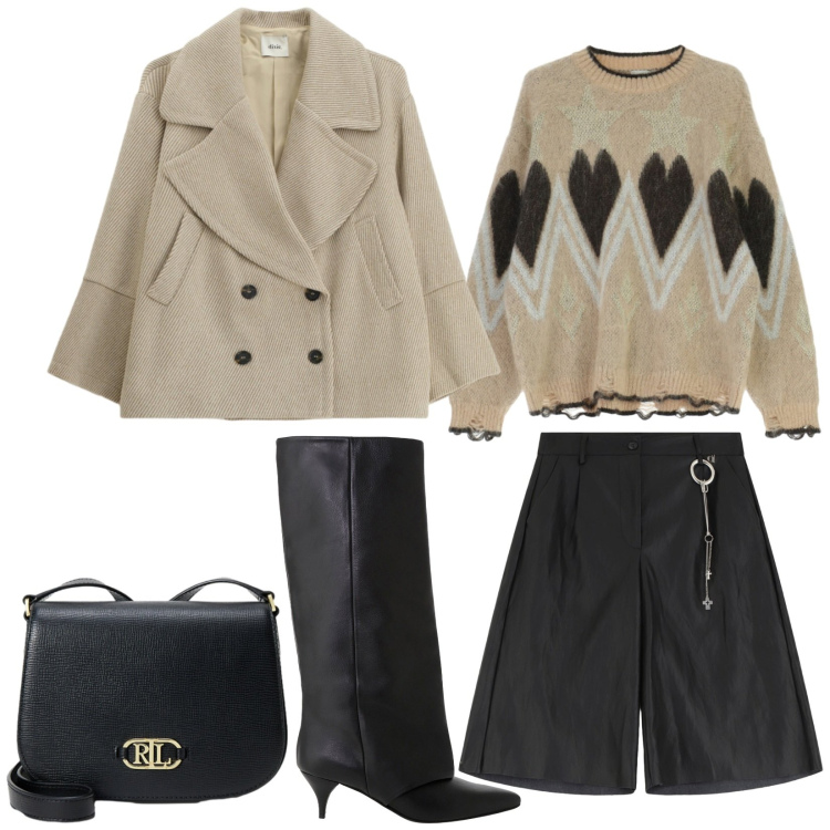 Outfit donna - Shorts e stivali. Stile Trendy per Serata fuori. Abbinamento con borse a tracolla, bermuda, maglieria, cappotti, stivali.