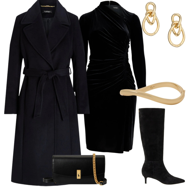 Outfit donna - Serata elegante. Stile Chic per Serata fuori. Abbinamento con clutch, orecchini, braccialetti, cappotti, stivali, vestiti asimmetrici.