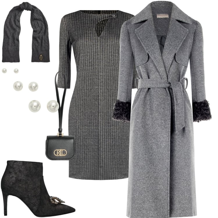 Outfit donna - Serata elegante. Stile Chic per Serata fuori. Abbinamento con stivaletti, orecchini, pochette, sciarpe, vestiti a tubino, cappotti.