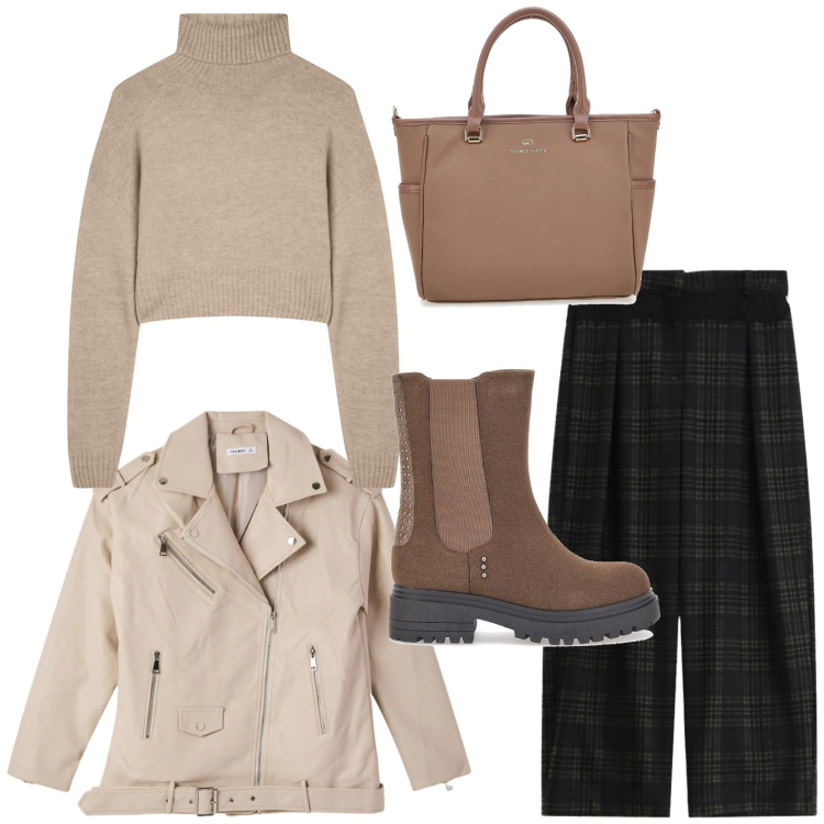 Outfit donna - I pantaloni tartan in lana. Stile Casual chic per Serata fuori. Abbinamento con giacche, maglieria, pantaloni a palazzo, stivaletti chelsea, borse a tracolla.