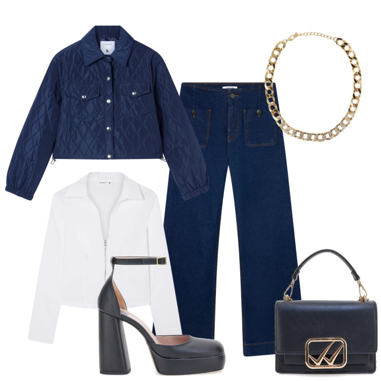 Outfit donna - Total look #2321273. Stile Trendy per Ufficio. Abbinamento con jeans, giacche, collane, camicie, scarpe col tacco, borse a tracolla.