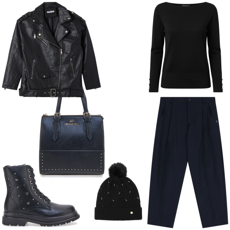 Outfit donna - Serata biker style. Stile Rock per Serata fuori. Abbinamento con giacche, pantaloni, berretti, maglieria, anfibi, borse a mano.