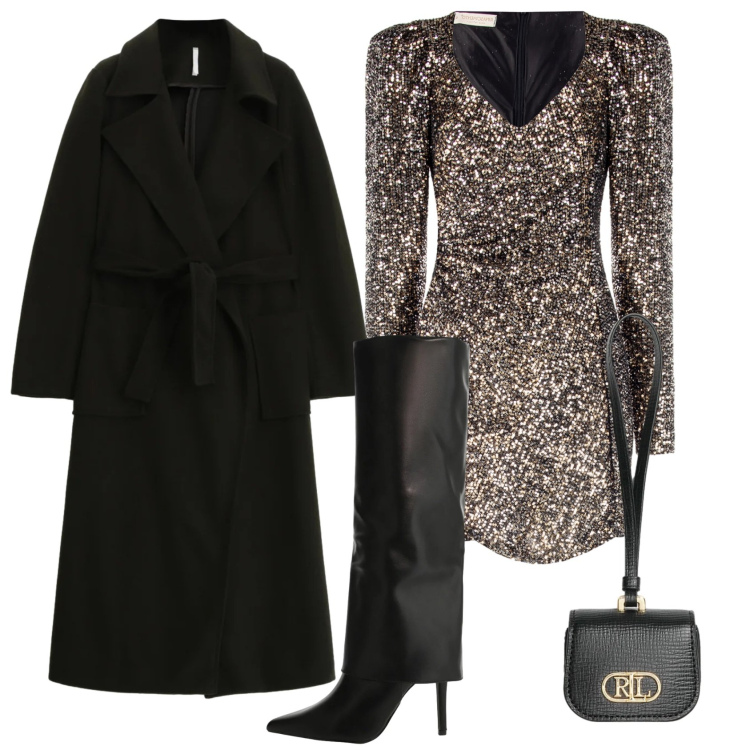 Outfit donna - Total look #2321277. Stile Chic per Serata fuori. Abbinamento con stivali, cappotti, vestiti corti, pochette.