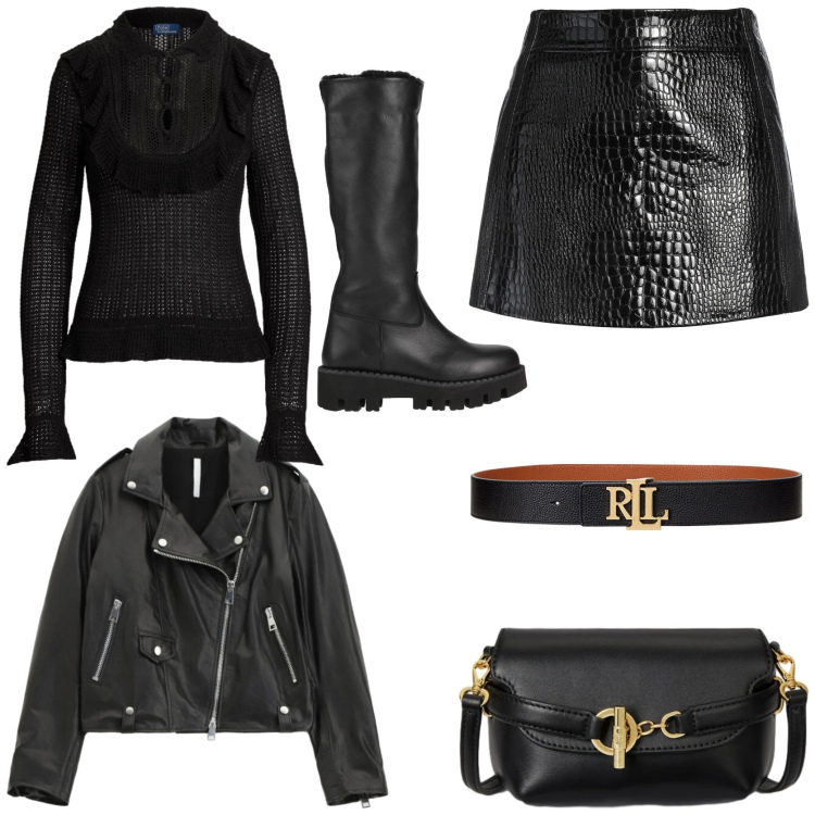 Outfit donna - Rock style. Stile Rock per Serata fuori. Abbinamento con minigonne, stivali, giacche, borse a tracolla, cinture, maglieria.