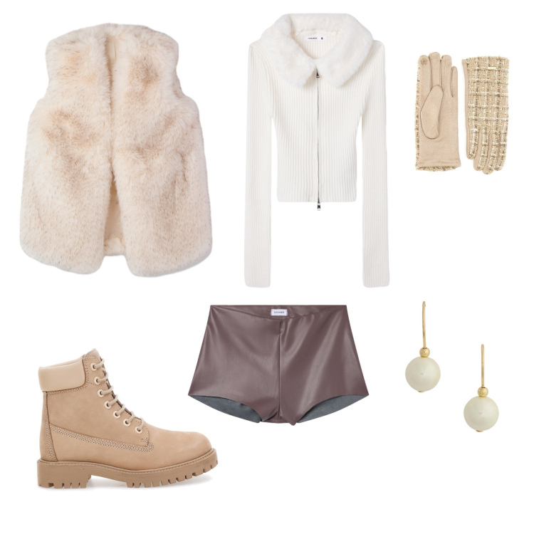 Outfit donna - Winter Caramel. Stile Casual chic per Tutti i giorni. Abbinamento con cardigans, shorts, piumini, orecchini, guanti, stivaletti.