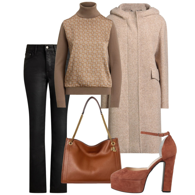 Outfit donna - Gennaio. Stile Bon Ton per Tutti i giorni. Abbinamento con décolleté, cappotti, borse tote, jeans dritti, maglieria.