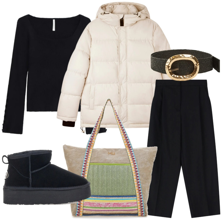 Outfit donna - La borsa indie. Stile Etnico per Tutti i giorni. Abbinamento con maglieria, pantaloni, cinture, bomber, stivaletti, shopping bag.