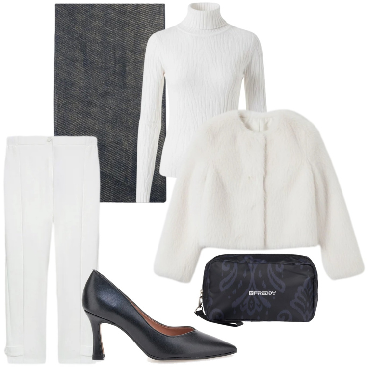 Outfit donna - White winter. Stile Bon Ton per Serata fuori. Abbinamento con valigie, maglieria, ecopellicce, pantaloni, décolleté, stole.
