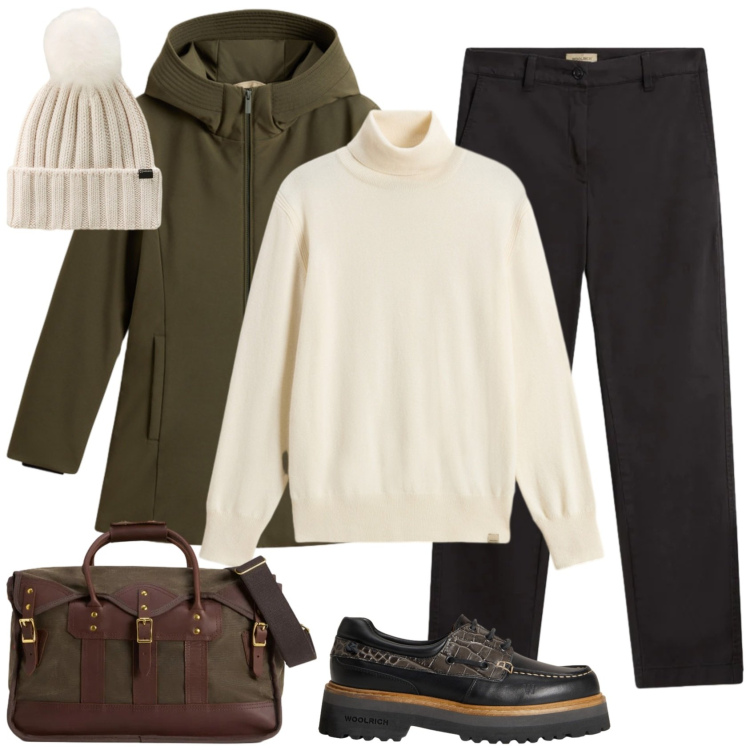 Outfit donna - Saldi woolrich!. Stile Casual per Tutti i giorni. Abbinamento con parka, borse a tracolla, mocassini, maglieria, berretti, pantaloni.