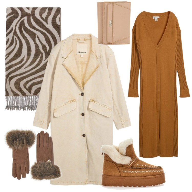 Outfit donna - L\'abito nocciola. Stile Casual per Tutti i giorni. Abbinamento con vestiti, trench, stivaletti, portafogli, foulard, guanti.