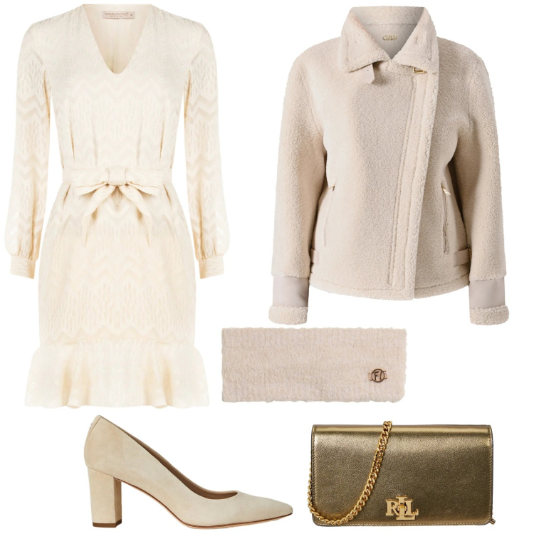 Outfit donna - Tocco contemporaneo. Stile Trendy per Serata fuori. Abbinamento con vestiti corti, ecopellicce, fasce per capelli, décolleté, borse a mano.