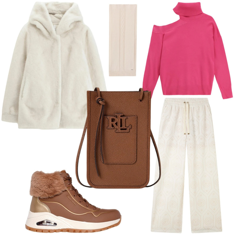 Outfit donna - Asimmetrie invernali. Stile Casual chic per Tutti i giorni. Abbinamento con ecopellicce, maglieria, pantaloni, sciarpe, borse a tracolla, sneakers alte.