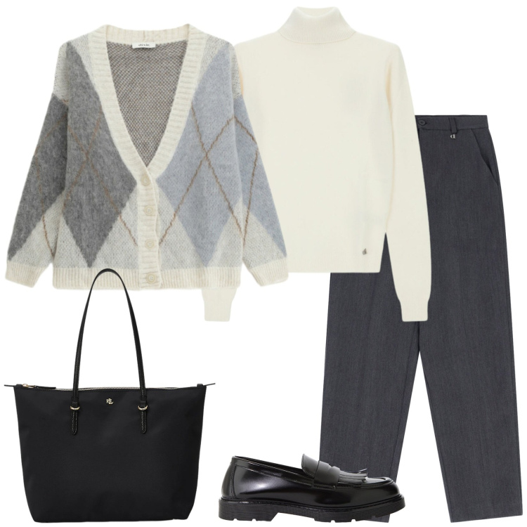 Outfit donna - In ufficio con Dixie. Stile Mannish per Ufficio. Abbinamento con borse tote, pantaloni, maglieria, mocassini, cardigans.