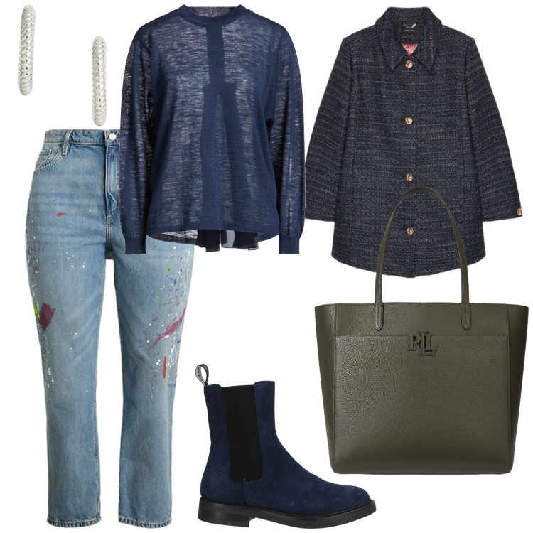 Outfit donna - In blu. per Tutti i giorni. Abbinamento con stivaletti chelsea, pullovers, orecchini, jeans boyfriend, borse tote, cappotti.