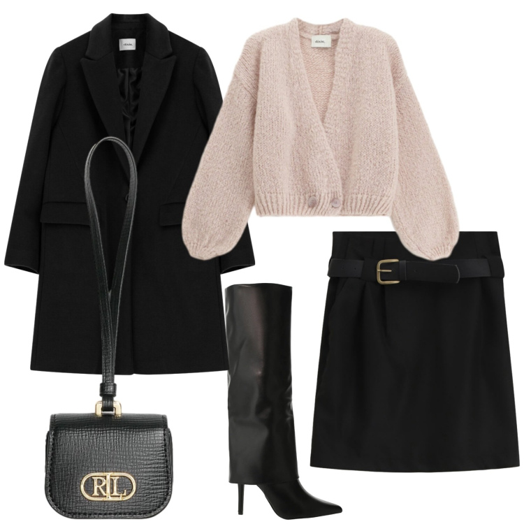 Outfit donna - Night out. Stile Chic per Serata fuori. Abbinamento con stivali, cardigans, minigonne, cappotti, pochette.