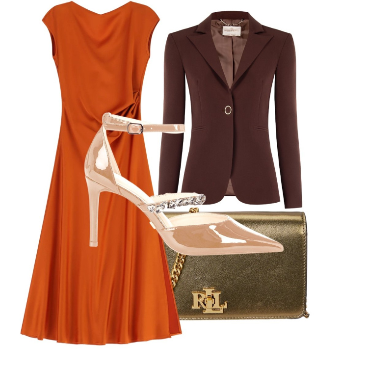Outfit donna - Eleganza col tacco. Stile Glamour per Serata fuori. Abbinamento con vestiti lunghi, borse a mano, blazer, décolleté.