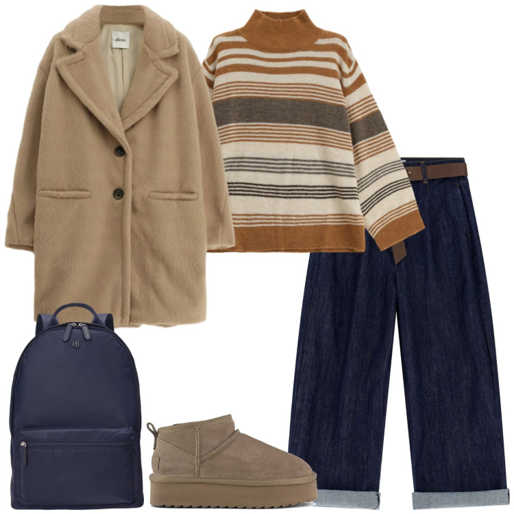 Outfit donna - Lunedì mattina lezione. Stile Basic per Scuola/Università. Abbinamento con zaini, cappotti, jeans, maglieria, stivaletti.