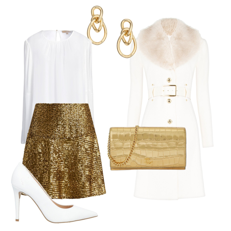 Outfit donna - Una sera per brillare. Stile Glamour per Serata fuori. Abbinamento con top, décolleté, borse a tracolla, orecchini, minigonne, cappotti.