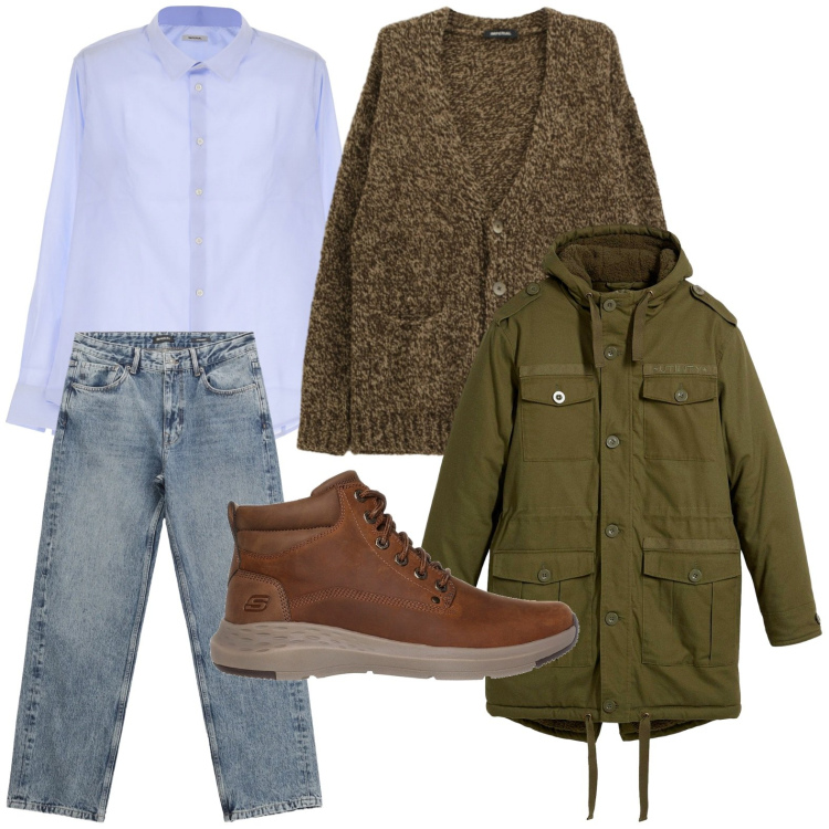 Outfit uomo - Eleganza rilassata. Stile Trendy per Tutti i giorni. Abbinamento con parka, camicie, jeans dritti, cardigans, stivali e stivaletti.