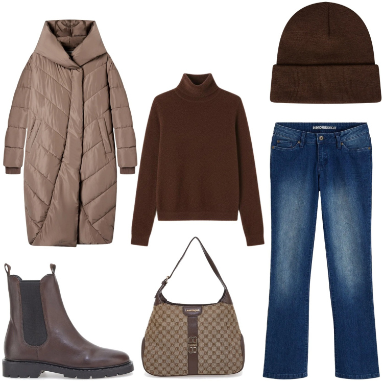Outfit donna - Brown puffer jacket. Stile Casual chic per Tutti i giorni. Abbinamento con jeans bootcut, cappotti, berretti, pullovers, borse a spalla, stivaletti chelsea.