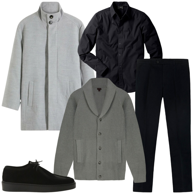 Outfit uomo - Total look #2321324. Stile Casual per Ufficio. Abbinamento con cappotti, camicie, scarpe stringate, cardigans, pantaloni.