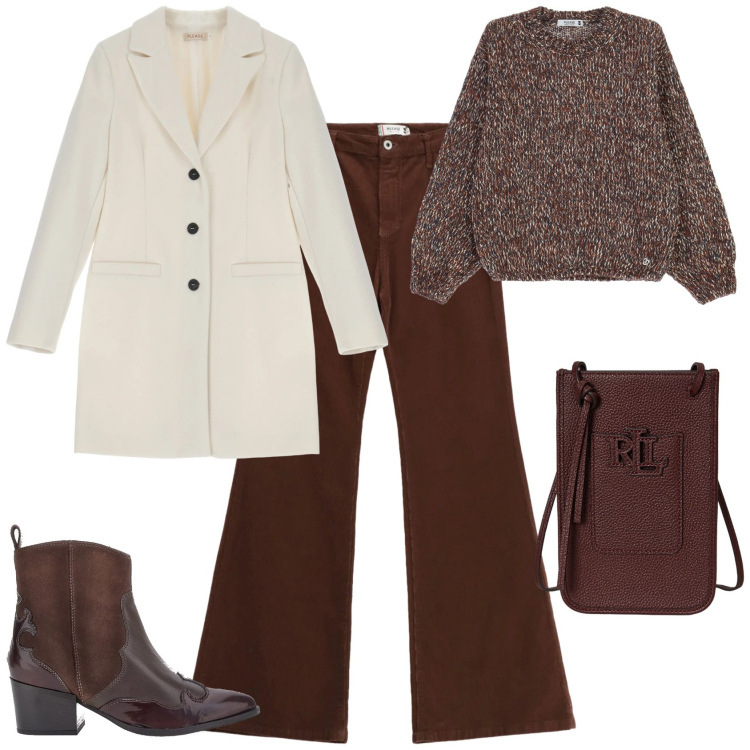 Outfit donna - Trendy ufficio tempo libero. Stile Trendy per Tutti i giorni. Abbinamento con pantaloni, cappotti, maglieria, borse a tracolla, stivaletti texani.