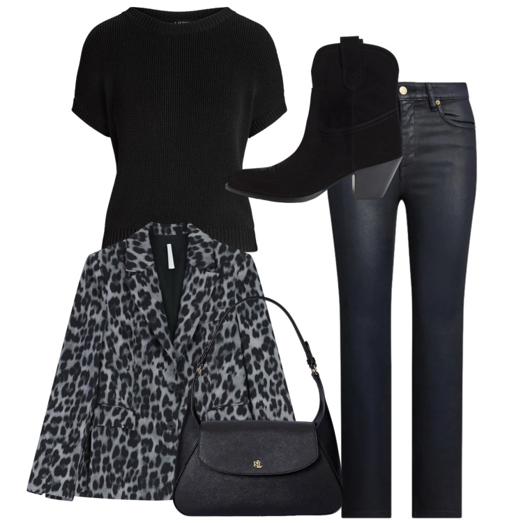 Outfit donna - Total black. Stile Chic per Tutti i giorni. Abbinamento con blazer, jeans dritti, maglieria, borse a spalla, stivaletti.