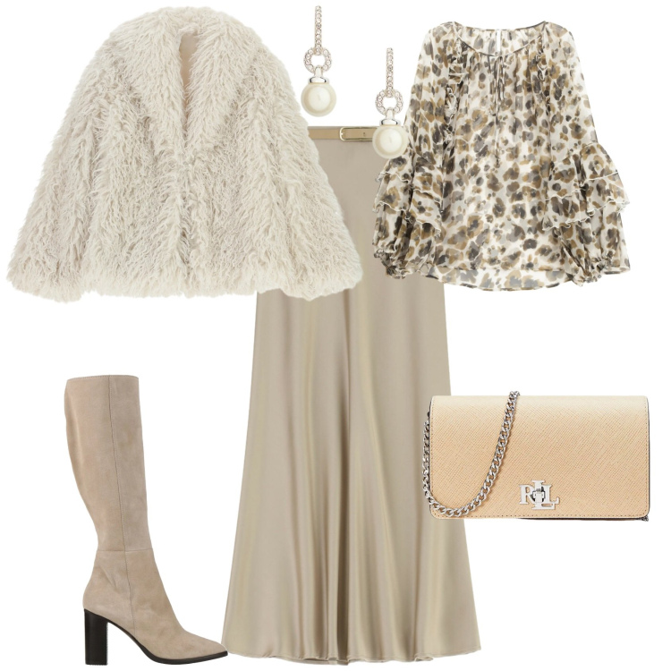 Outfit donna - Chic evento serata. Stile Chic per Tutti i giorni. Abbinamento con stivali, camicie, ecopellicce, gonne lunghe, orecchini, borse a tracolla.