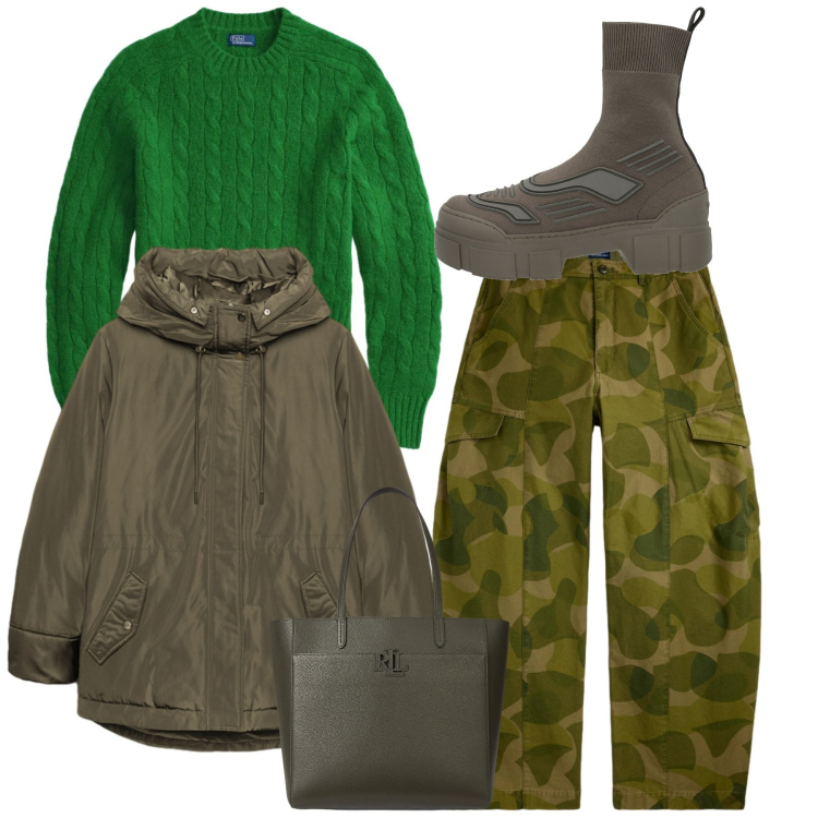 Outfit donna - Camouflage. Stile Urban per Tutti i giorni. Abbinamento con stivaletti, borse tote, maglieria, pantaloni cargo, eskimo.