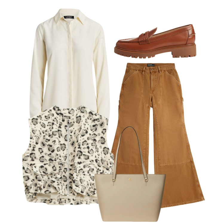 Outfit donna - Total look. Stile Casual per Tutti i giorni. Abbinamento con gilet, borse tote, camicie, mocassini, pantaloni.