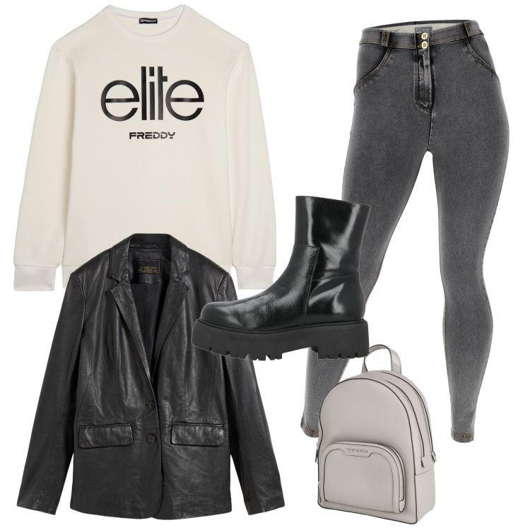 Outfit donna - Total urban. Stile Urban per Tutti i giorni. Abbinamento con blazer, stivaletti, zaini, jeggings, felpe.