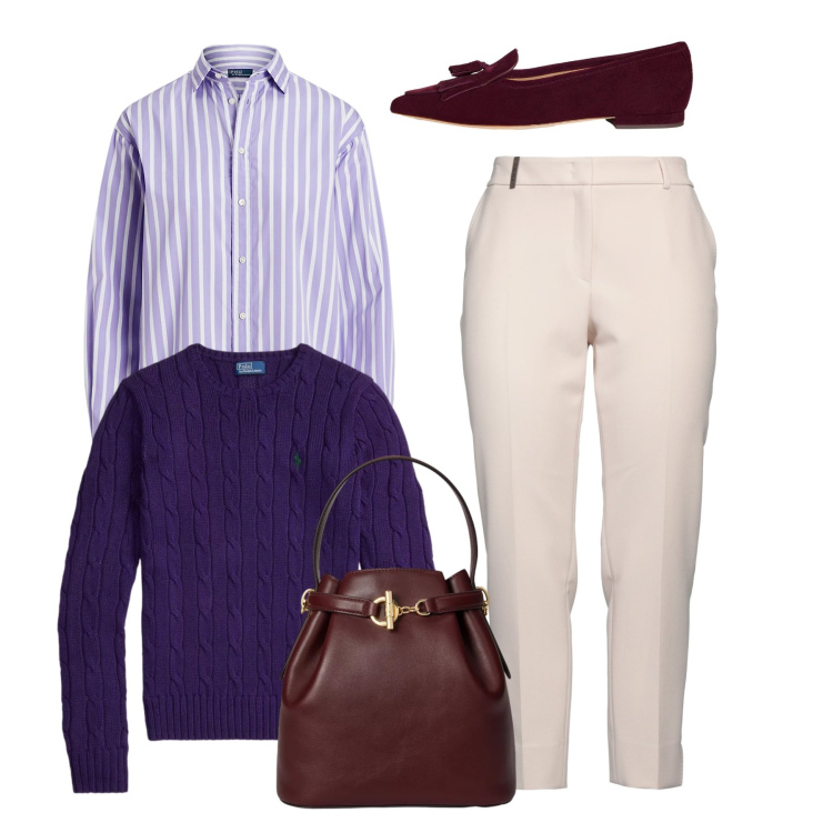 Outfit donna - Total look. Stile Casual per Tutti i giorni. Abbinamento con pantaloni, ballerine, borse a secchiello, camicie, maglieria.