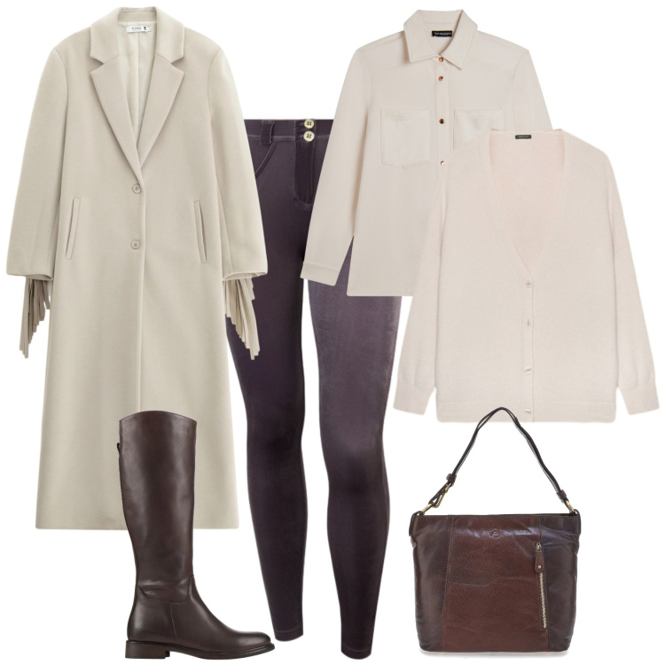 Outfit donna - Trendy ufficio tempo libero. Stile Trendy per Ufficio. Abbinamento con stivali, cappotti, pantaloni skinny, camicie, borse a spalla, cardigans.